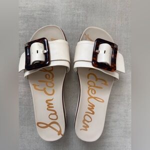 Sam Edelman Cream Slide Sandals with Metallic Buckle